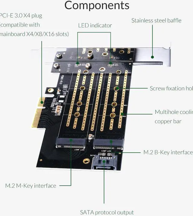 Alt view image 6 of 6 - ORICO M.2 PCIe Adapter NVMe & SATA Dual Protocol, M2 NVMe SSD to PCI-e 3.0 x4 Host NVMe & SATA Protocol Controller Expansion Card (B KEY+M KEY)