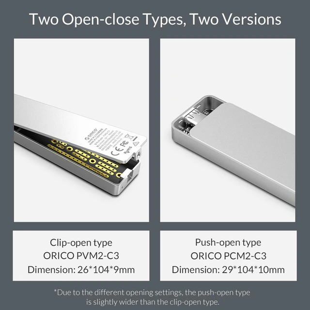 Alt view image 7 of 7 - ORICO (PCM2-C3-GY) Aluminum M.2 NVMe SSD Enclosure 10Gbps Support UASP Protocol USB3.1 Gen2 Type-C Mini SSD Case Clip/Push-open Type With Type-C to C Cable