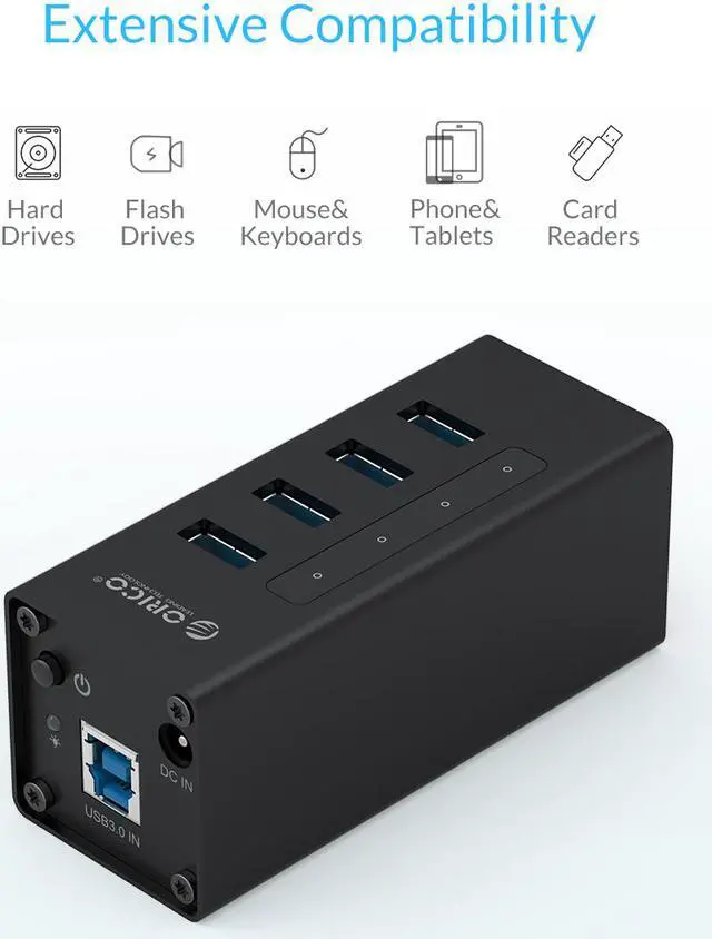 Alt view image 2 of 7 - ORICO Aluminum Mini 4 Ports USB 3.0 HUB with 3.3Ft. USB 3.0 Date Cable and 12V/2.5A Power Supply for Macbook,PC,Laptops (HUB is not a Charger,Data Transfer Only) - Black (A3H4-V1-US)