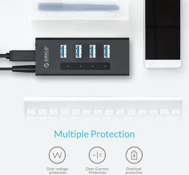Alt view image 4 of 7 - ORICO Aluminum Mini 4 Ports USB 3.0 HUB with 3.3Ft. USB 3.0 Date Cable and 12V/2.5A Power Supply for Macbook,PC,Laptops (HUB is not a Charger,Data Transfer Only) - Black (A3H4-V1-US)
