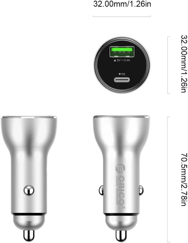 Alt view image 2 of 7 - ORICO 30W Dual USB Car Charger Type-C PD3.0 +USB 5V2.4A Dast Charger Adapter for iPhone, iPad, Galaxy S7/S6/Edge/Plus, Note 4/5, LG G5 G4, HTC, and More Charging devices