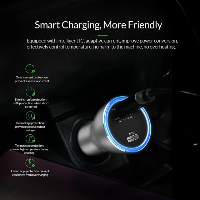 Alt view image 3 of 7 - ORICO 30W Dual USB Car Charger Type-C PD3.0 +USB 5V2.4A Dast Charger Adapter for iPhone, iPad, Galaxy S7/S6/Edge/Plus, Note 4/5, LG G5 G4, HTC, and More Charging devices