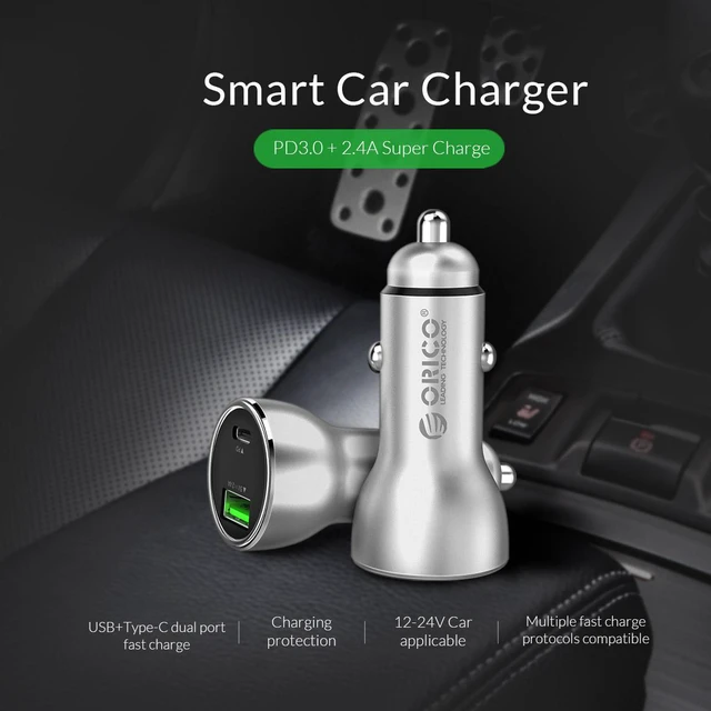 Alt view image 7 of 7 - ORICO 30W Dual USB Car Charger Type-C PD3.0 +USB 5V2.4A Dast Charger Adapter for iPhone, iPad, Galaxy S7/S6/Edge/Plus, Note 4/5, LG G5 G4, HTC, and More Charging devices