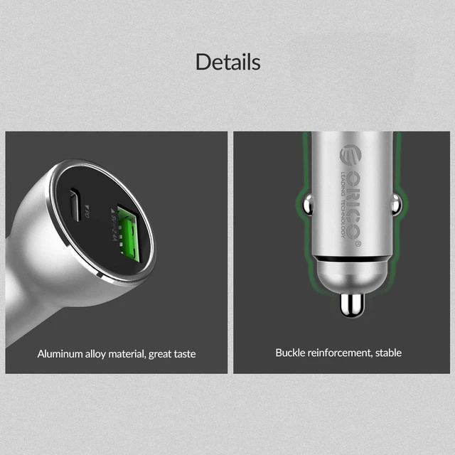 Alt view image 4 of 7 - ORICO 30W Dual USB Car Charger Type-C PD3.0 +USB 5V2.4A Dast Charger Adapter for iPhone, iPad, Galaxy S7/S6/Edge/Plus, Note 4/5, LG G5 G4, HTC, and More Charging devices