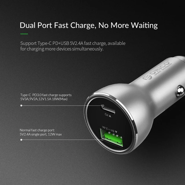 Alt view image 5 of 7 - ORICO 30W Dual USB Car Charger Type-C PD3.0 +USB 5V2.4A Dast Charger Adapter for iPhone, iPad, Galaxy S7/S6/Edge/Plus, Note 4/5, LG G5 G4, HTC, and More Charging devices