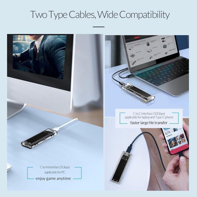 Alt view image 5 of 7 - ORICO TCM2-C3 Aluminium USB 3.1 Gen2 Type-C NVMe M.2 Hard Drive Enclosure 10Gbps Date Transfer Rate Support UASP Protocol with Type-C to C Cable - Black