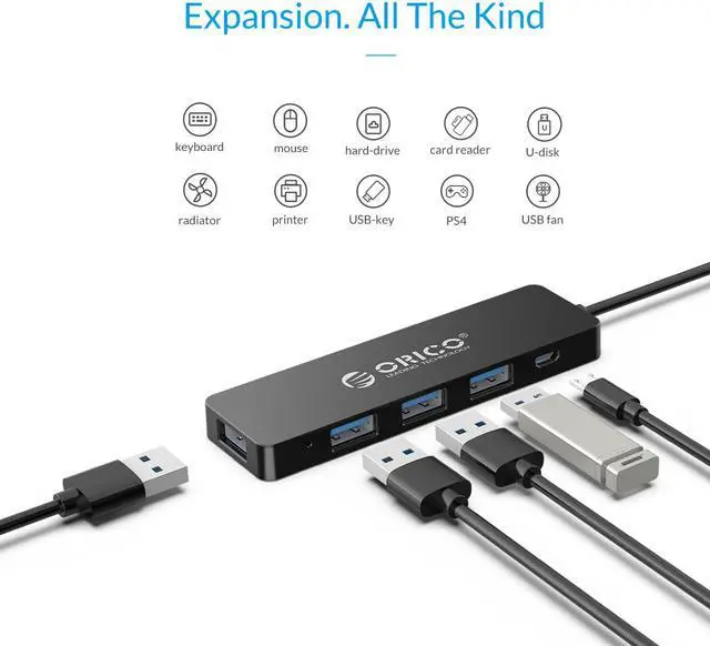 Alt view image 2 of 7 - 4 Port USB3.0 HUB, ORICO 5Gbps 4 Ports USB Splitter OTG Adapter  With Power Supply Interface (30CM) for MacBook Laptop PC Tablet Computer
