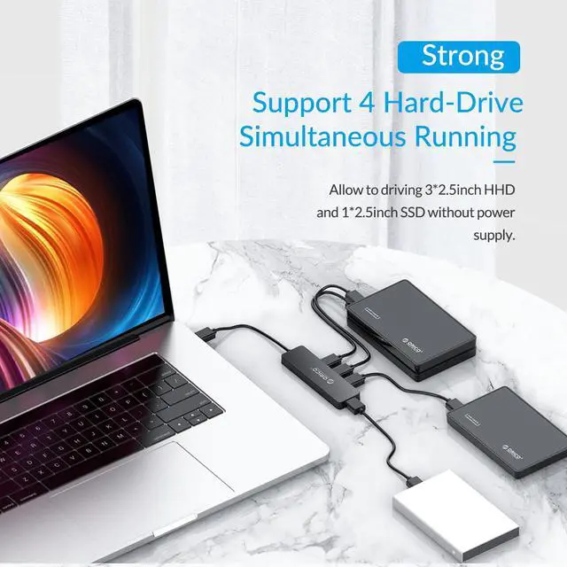 Alt view image 6 of 7 - 4 Port USB3.0 HUB, ORICO 5Gbps 4 Ports USB Splitter OTG Adapter  With Power Supply Interface (30CM) for MacBook Laptop PC Tablet Computer