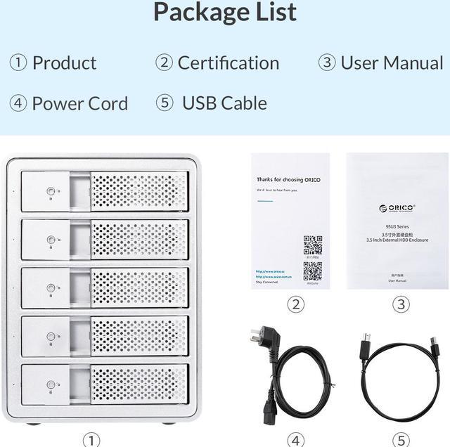 Alt view image 7 of 7 - ORICO Tool-free USB 3.0 to SATA 5 Bay External 3.5-inch SATA SDD Hard Drive Enclosure with Safety Lock for Laptop PC Mac OS [Without RAID Function] -9558U3
