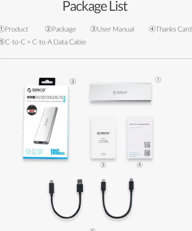 Alt view image 7 of 7 - ORICO M.2 SSD Case NVME Enclosure M.2 to USB Type C 3.1 SSD Adapter Support UASP 10Gbps for 2230 2242 2260 2280 nvme M.2 SSD Case