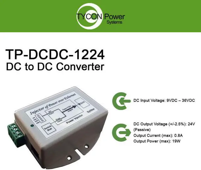 Alt view image 2 of 2 - TYcon Power TP-DCDC-1224 9-36VDC In, 24VDC Out 19W DC to DC Conv / POE