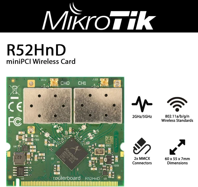 Main image of Mikrotik R52HnD Dual Chain 2.4/5Ghz miniPCI 802.11a/b/g/n with 2x MMCX