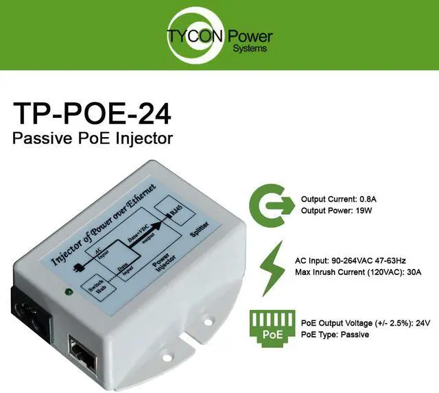 Alt view image 2 of 6 - Tycon Systems TP-POE-24 18W POE Power Source With US Power Cord - 24V