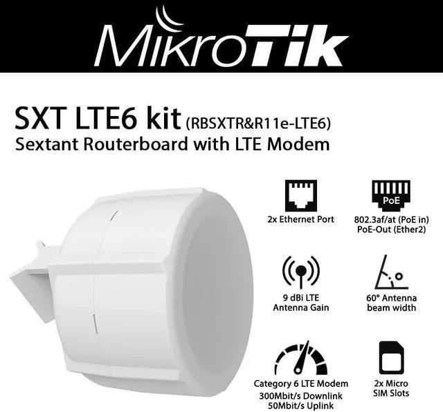 Alt view image 2 of 3 - MikroTik - RBSXTR&R11E-LTE6 - SXT LTE6 Kit with 9 dBi 60 degrees LTE Antenna, 650MHz CPU, 64MB RAM, 2x LAN (one with