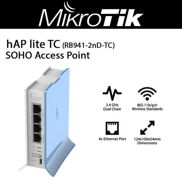 Main image of Mikrotik RB941-2nD-TC hAP Lite 32MB 4 X 10/100 2.4Ghz 802.11b/g/n 2x2 OSL4