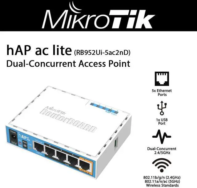 Alt view image 2 of 2 - Mikrotik hAP ac lite (RB952Ui-5ac2nD-US) Dual-concurrent 11ac Access Point, provides Wifi coverage for 2.4GHz and 5GHz frequencies at the same time