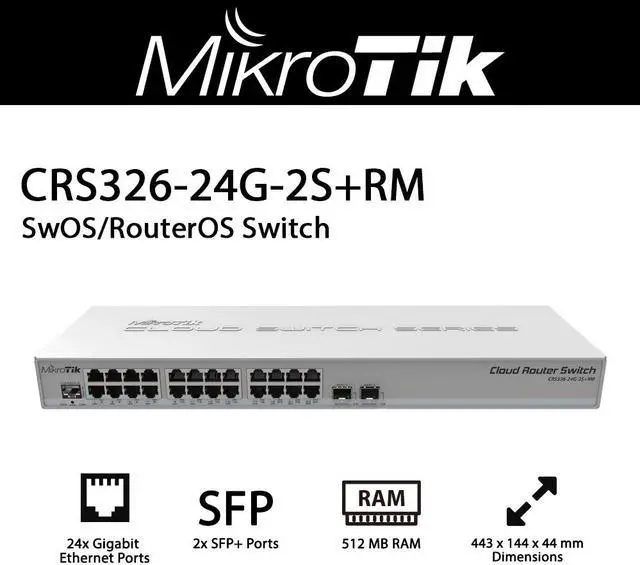 Alt view image 2 of 2 - Mikrotik CRS326-24G-2S+RM Cloud Router Switch 326-24G-2S+RM 24 Gigabit port switch with 2 x SFP+ cages in 1U rackmount case, Dual boot (RouterOS or SwitchOS)