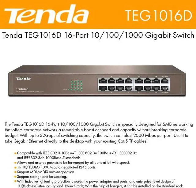 Alt view image 7 of 7 - Tenda TEG1016D Unmanaged 16-port Gigabit Ethernet Switch
