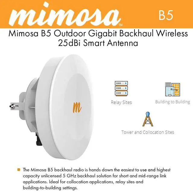 Alt view image 3 of 3 - Mimosa Networks - B5 - Mimosa Integrated Backhaul Radio 5GHz 25dBi 1Gbps GPS-synch 802.11ac MiMO 4x4:4