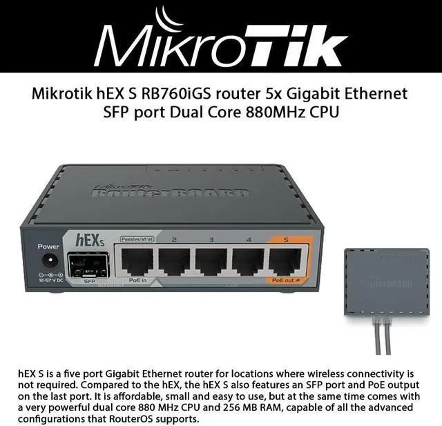 Alt view image 5 of 20 - Mikrotik hEX S RB760iGS router 5x Gigabit Ethernet, SFP, Dual Core 880MHz CPU, 256MB RAM, USB, microSD slot, RouterOS L4, IPsec hardware encryption support and The Dude server package