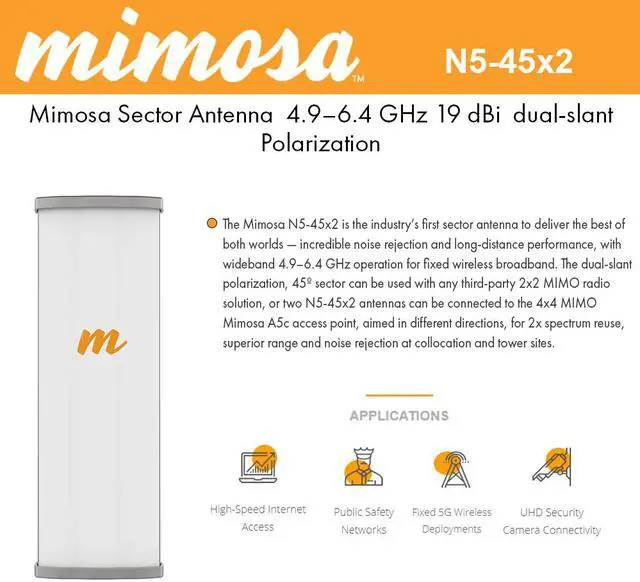 Main image of Mimosa Networks - N5-45X2 - Mimosa 4.9 - 6.4GHz 2 N-Type Female 19dBi Dual-Slant Polarization 45 Degree Sector Antenna
