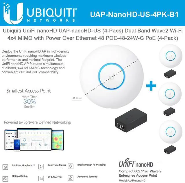 Main image of Ubiquiti UniFi nanoHD UAP-nanoHD-US (4-Pack) Compact Dual Band Wave2 Enterprise Wi-Fi 4x4 MIMO with Power Over Ethernet 48 POE-48-24W-G PoE Included