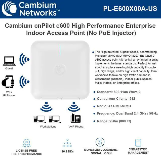 Alt view image 5 of 8 - Cambium Networks - PL-E600X00A-US - cnPilot Enterprise E600 802.11ac Wave 2 Dual Band Wi-Fi MU-MIMO 4x4 Beamforming