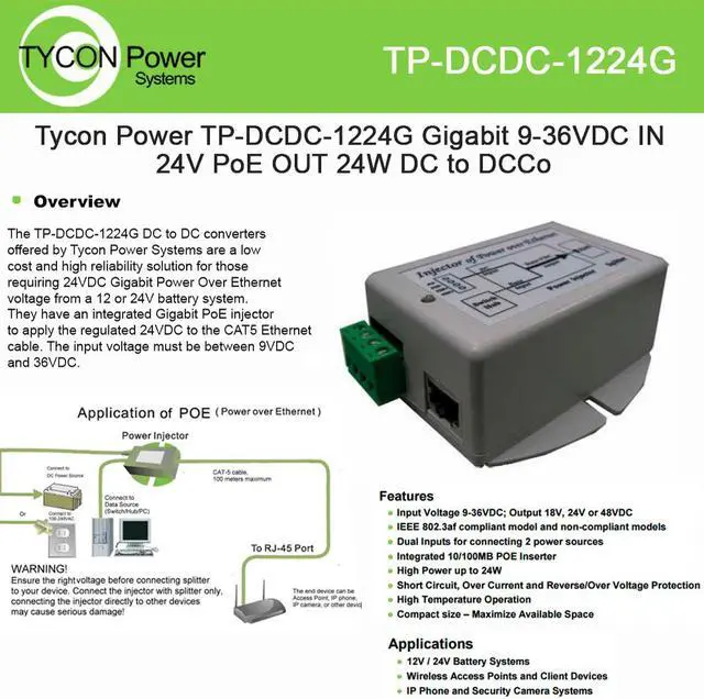 Main image of Tycon Power DC to DC converter TP-DCDC-1224G with gigabit PoE Inserter 9-36VDC IN 24VDC out and 19W