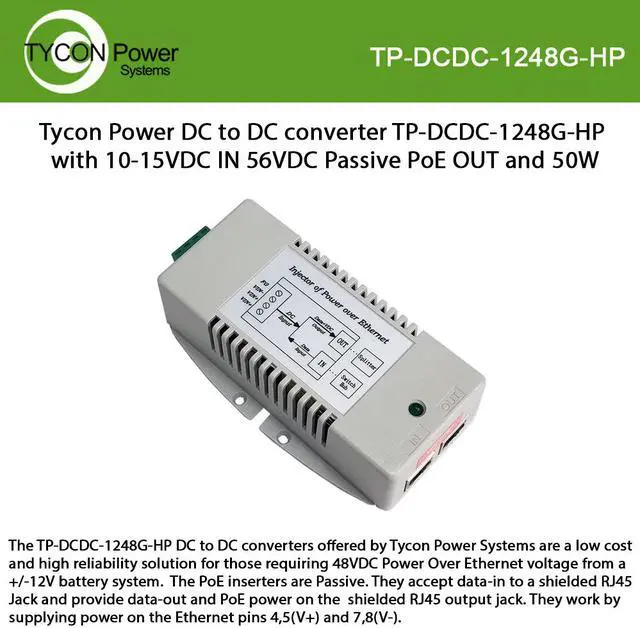 Main image of Tycon Power DC to DC converter TP-DCDC-1248G-HP with 10-15VDC IN 56VDC Passive PoE OUT and 50W