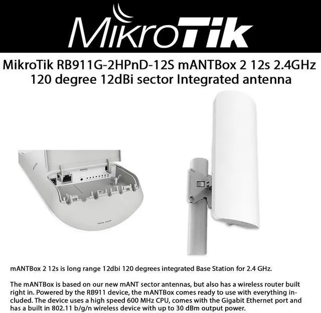 Main image of MikroTik RB911G-2HPnD-12S mANTBox 2 12s 12dBi dual polarization sector Integrated antenna 120 degrees Integrated Base Station for 2.4GHz
