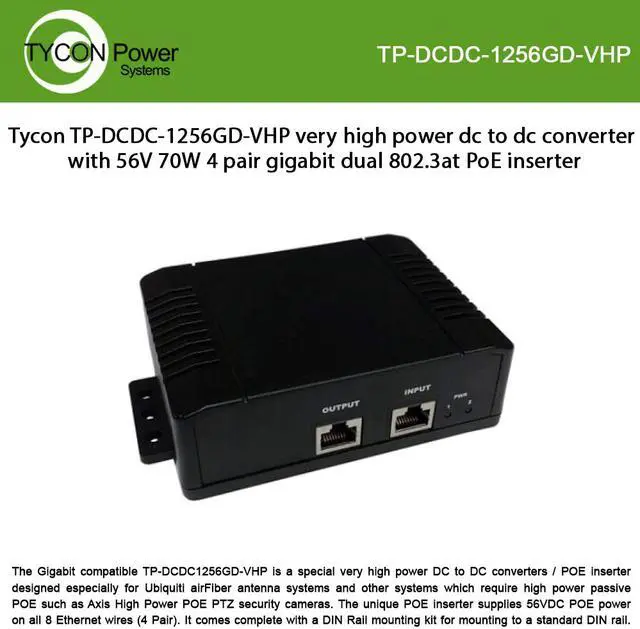 Main image of Tycon Power Systems TP-DCDC-1256GD-VHP very high power dc to dc converter with 56V 70W 4 pair gigabit dual 802.3at PoE inserter