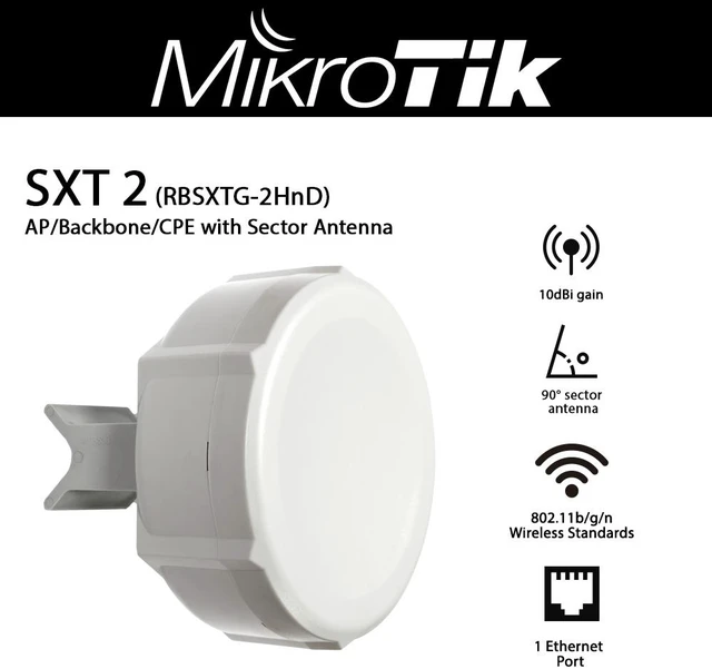 Alt view image 2 of 4 - Mikrotik SXT 2 RBSXTG2HnD Dual Chain Integrated AP/Backbone/CPE with Built-in 10dbi 60 Degree Sector Antenna