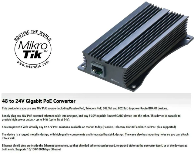 Main image of Mikrotik RBGPOE-CON-HP PoE Converter to Power RouterBOARD 48V to 24V PoE+