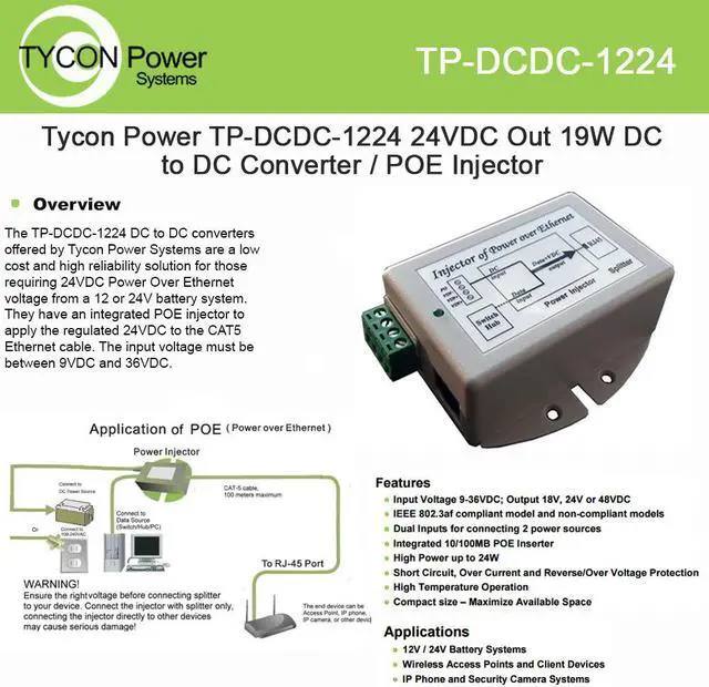 Main image of Tycon Power TP-DCDC-1224 9-36VDC In 24VDC Out 19W DC to DC Conv/POE Ins