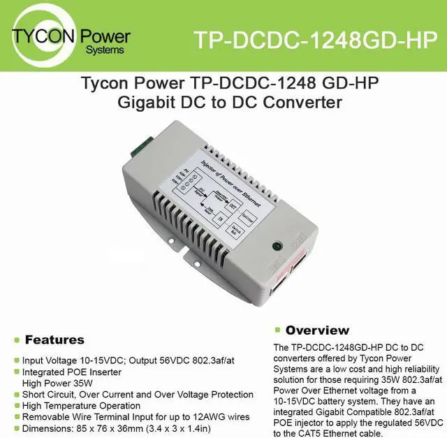 Main image of Tycon Power (TP-DCDC-1248GD-HP) 10-15VDC In, 56VDC 802.3af/at Out 35W DC