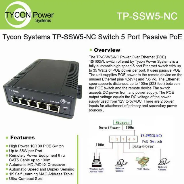 Main image of Tycon Power TP-SSW5-NC 12-56V 5 Port High Power POE 10/100BASET switch.