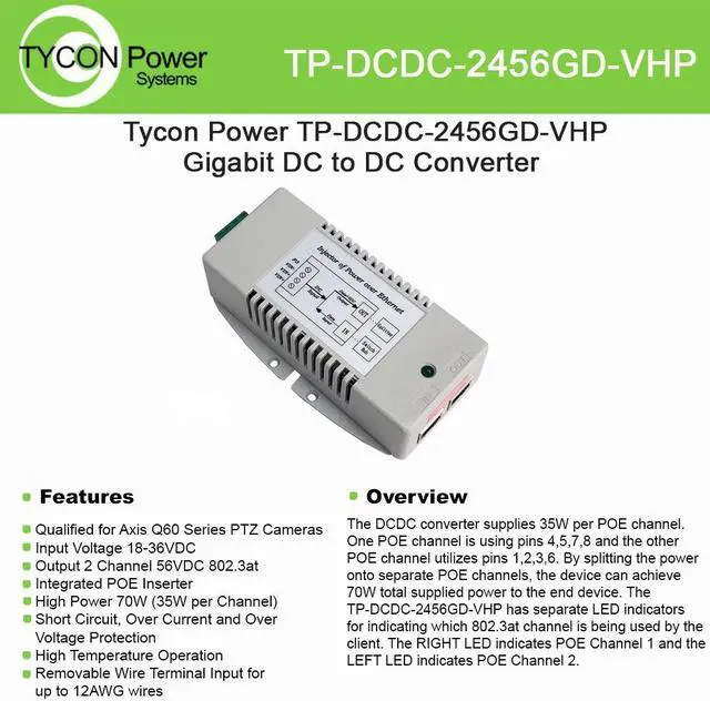 Alt view image 3 of 3 - Tycon Power TP-DCDC-2456GD-VHP 18-36VDC In 56VDC 70W 2 Ch 802.3at Out