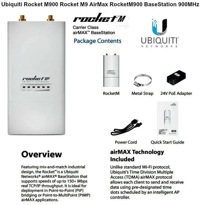 Alt view image 2 of 4 - Ubiquiti Rocket M900 Rocket M9 AirMax RocketM900 BaseStation 900MHz 2x2 MIMO PoE