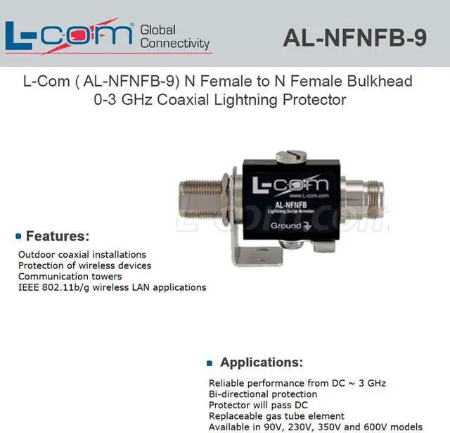 Main image of L-com AL-NFNFB-9 N-Fem to N-Fem Bulkhead 90V Lightning Protector