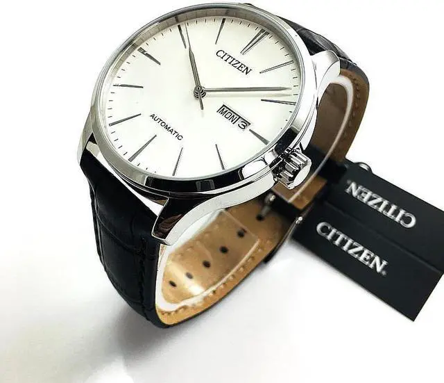 Alt view image 2 of 7 - Men's Citizen Automatic Black Leather Strap Day-Date Watch NH8350-08B