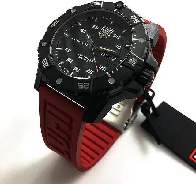 Alt view image 2 of 7 - Men's Luminox Carbon SEAL Automatic Red Strap Swiss Dive Watch 3875