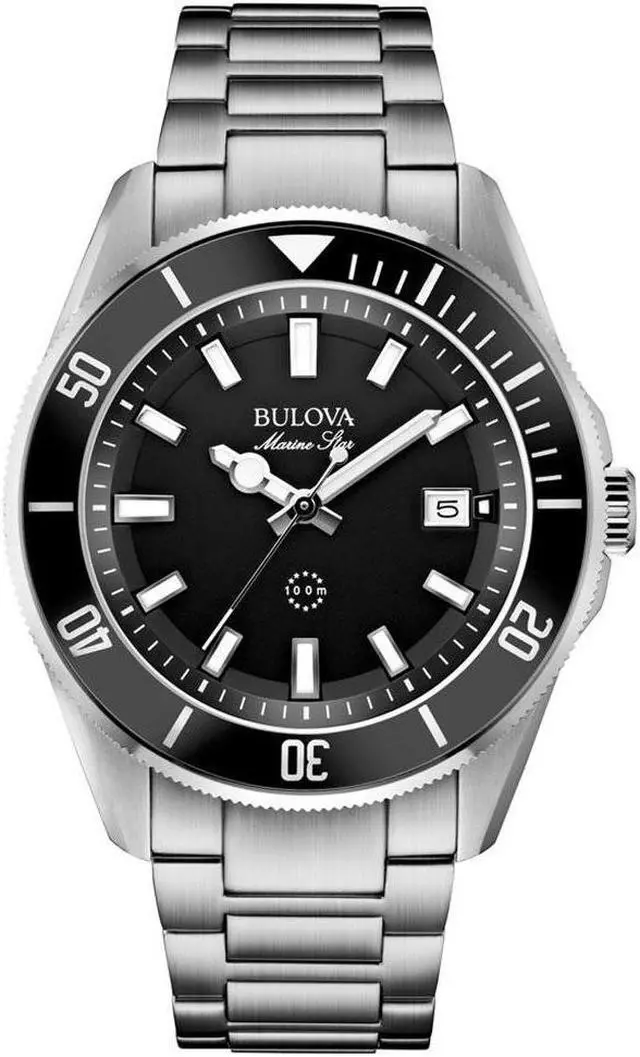 Main image of Bulova 98B203 Marine Star Silver-Tone Steel Black Dial Men's Watch