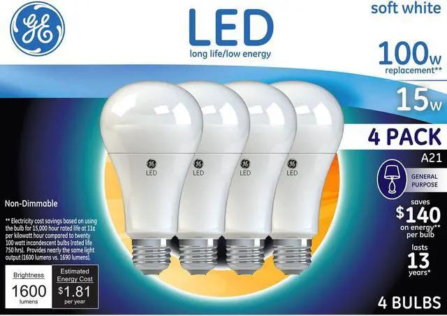 Main image of GE Soft White 100W Replacement LED Light Bulbs General Purpose A21 (4-pack)