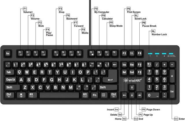 Main image of vitalASC 104-Key Large Print Keyboard for Windows and Mac with USB Wired Connection, Spill-Resistant, and Dual Compatibility (Black)