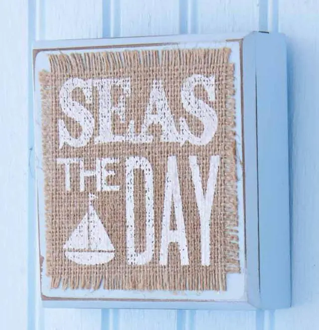 Alt view image 2 of 4 - Mud Pie Blue Sea Wooden Block Plaques Set of 4 Natural Burlap Tier Tray Tabletop