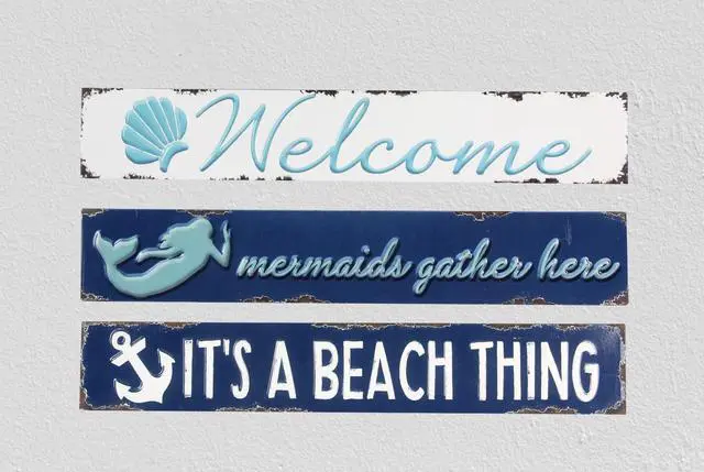 Alt view image 2 of 2 - Welcome Mermaids Gather Here A Beach Thing Wall Signs Set of 3 Embossed Metal