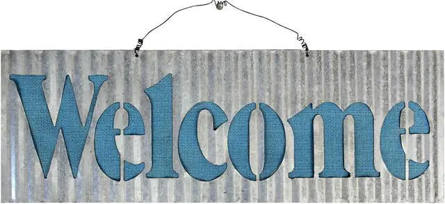 Main image of Wavy Waffle Tin with Blue Burlap Welcome Sign 19 Inch Wall Decor