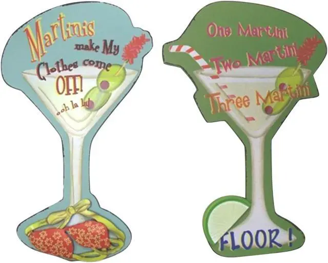 Main image of Tropical Drink Shaped Martini Glasses Wooden Wall Signs Plaques Set of 2