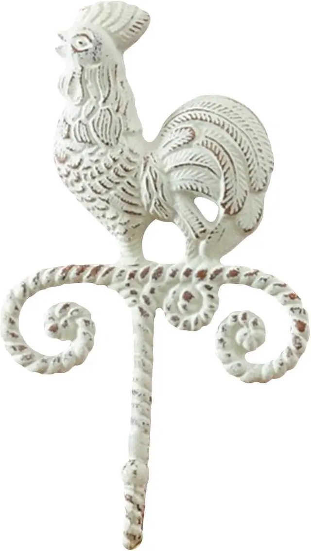 Main image of Rooster 10 Inch Metal Wall Hook Antiqued White Distressed Rustic