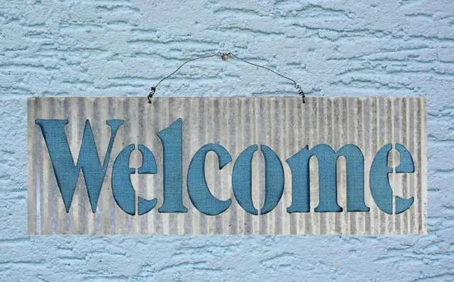 Alt view image 2 of 2 - Wavy Waffle Tin with Blue Burlap Welcome Sign 19 Inch Wall Decor